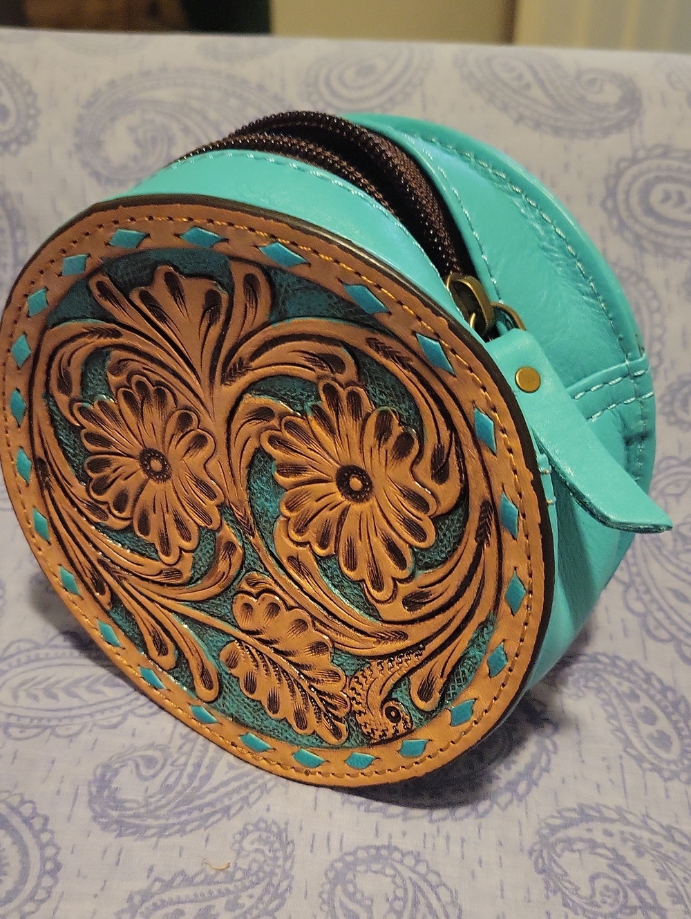 NWT Rodeo Turquoise Floral Tooled Round Coin Leather Purse - Unbranded